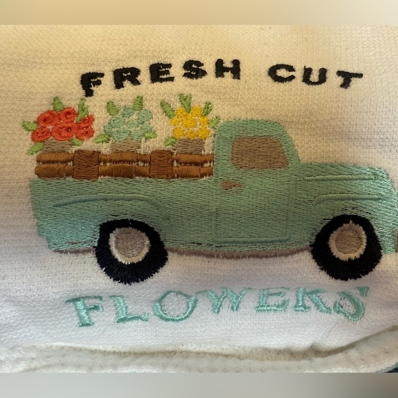 Spring Pillow with Embroidered pickup Truck flowers aqua white throw pillow - Picture 5 of 8